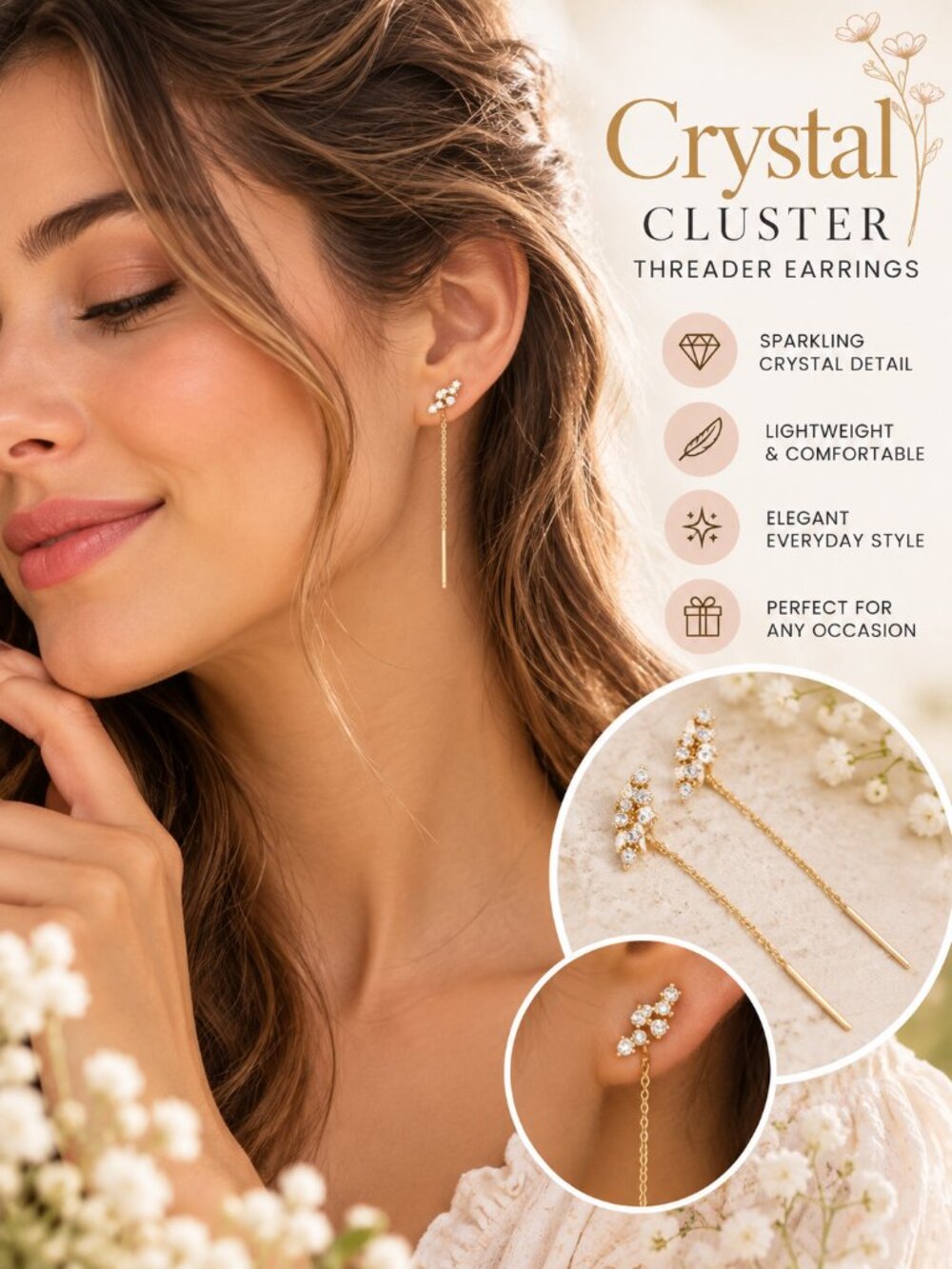 NWT Gold-Tone Crystal Cluster Threader Earrings – Dainty & Elegant